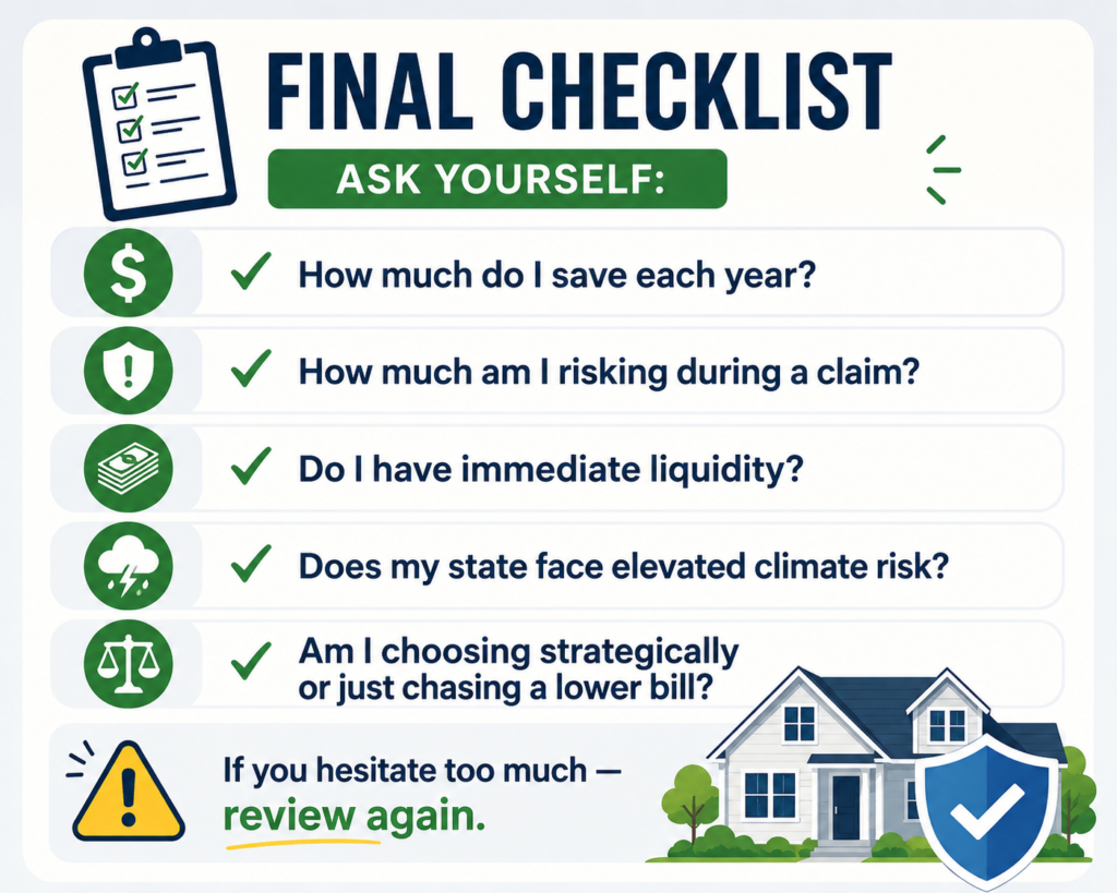 Clean home insurance checklist infographic showing key deductible questions, financial decision prompts, and home protection symbols in a minimalist layout.