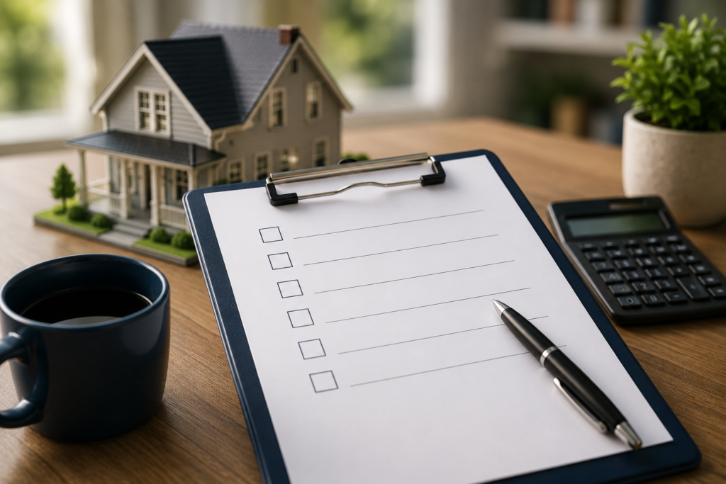 Minimalist home insurance workspace with a paper checklist on a wooden table, natural light, and a calm financial planning atmosphere.
