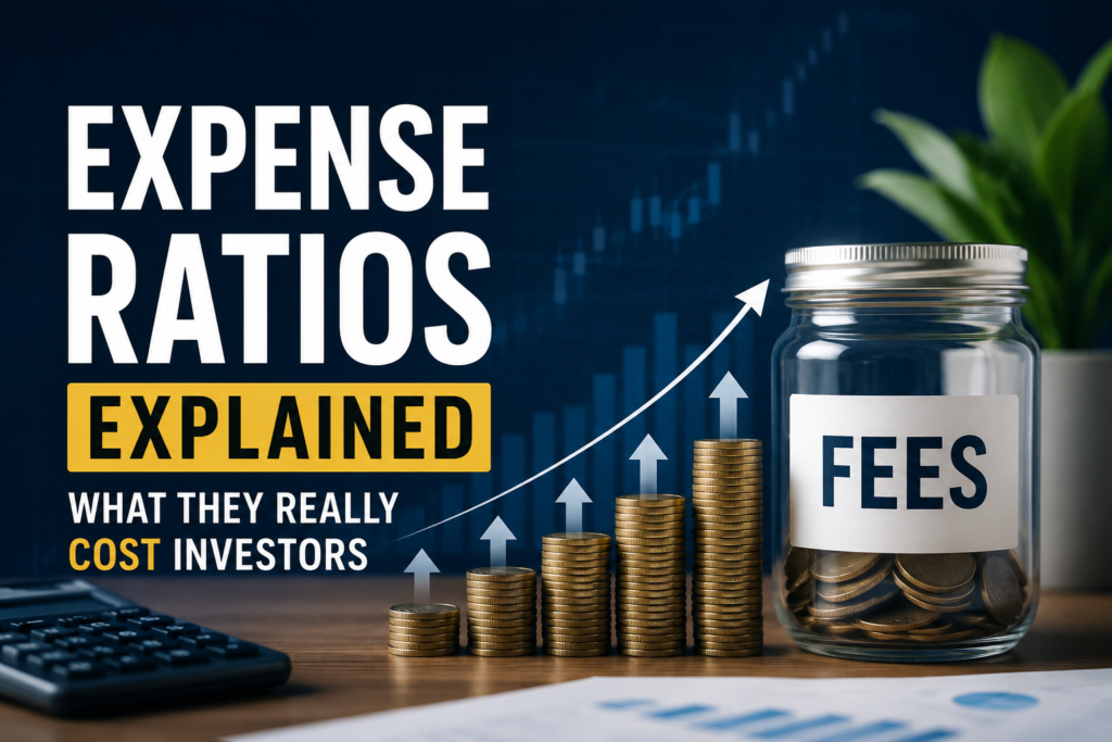 Stacks of coins rise beside a glass jar representing investment fees, illustrating how expense ratios reduce long-term portfolio growth.