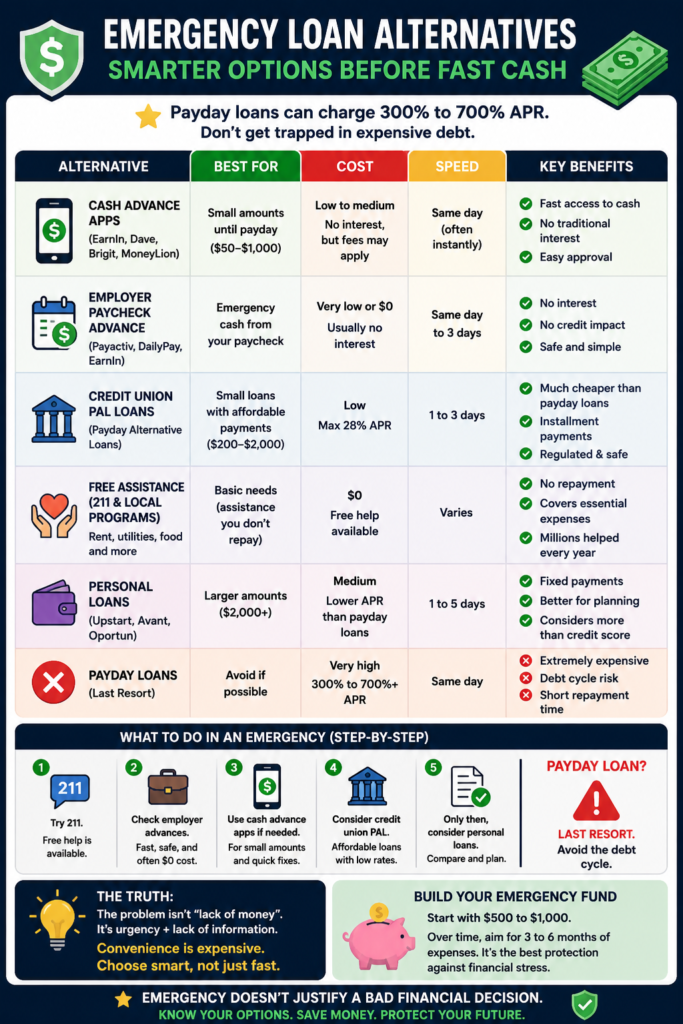 Infographic showing emergency loan alternatives in the U.S., comparing costs, speed, and safer options before payday loans.
