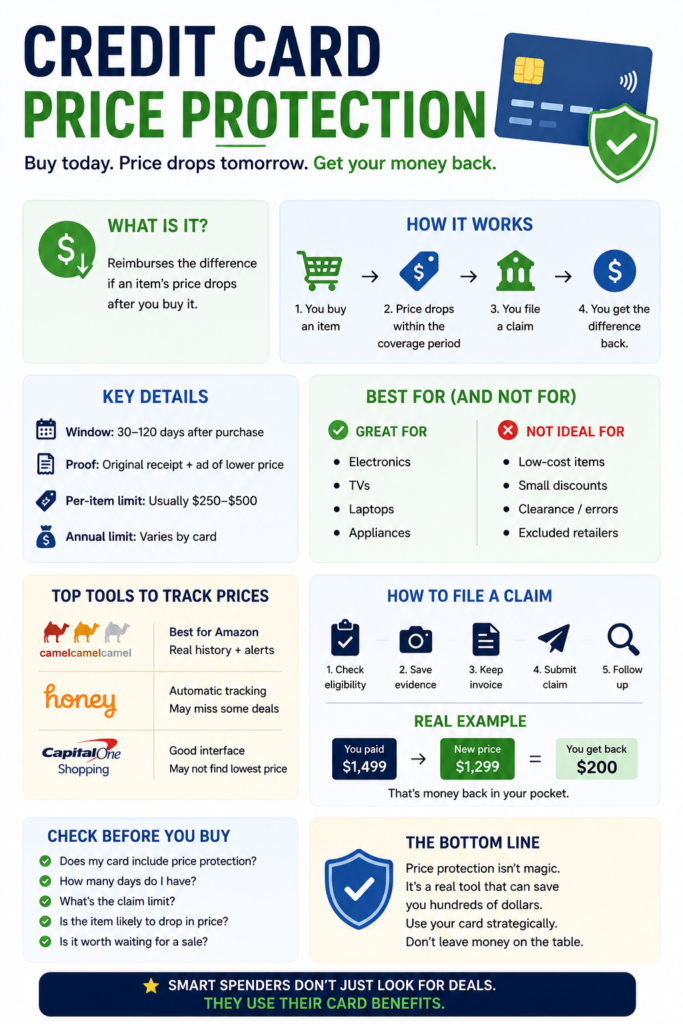 Minimal mobile infographic explaining credit card price protection, showing how it works, claim steps, key limits, and ways shoppers can get money back after prices drop.